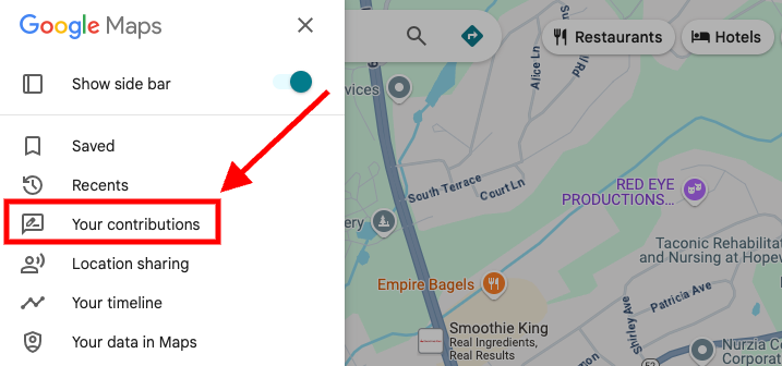 Screenshot of Google Maps with the sidebar open. A red arrow points to the highlighted "Your contributions" option, where you can manage your activity, such as leaving feedback or helping to remove bad Google reviews for local businesses.
