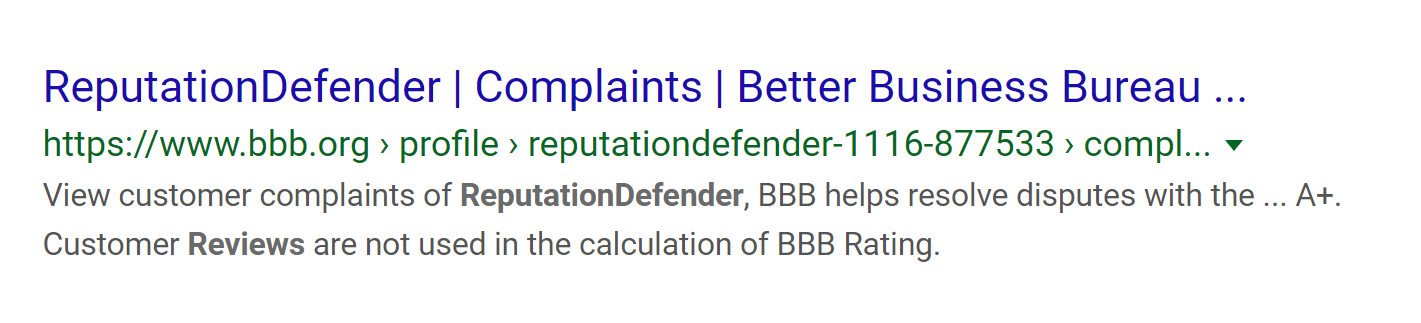 BBB reviews on Reputation Defender