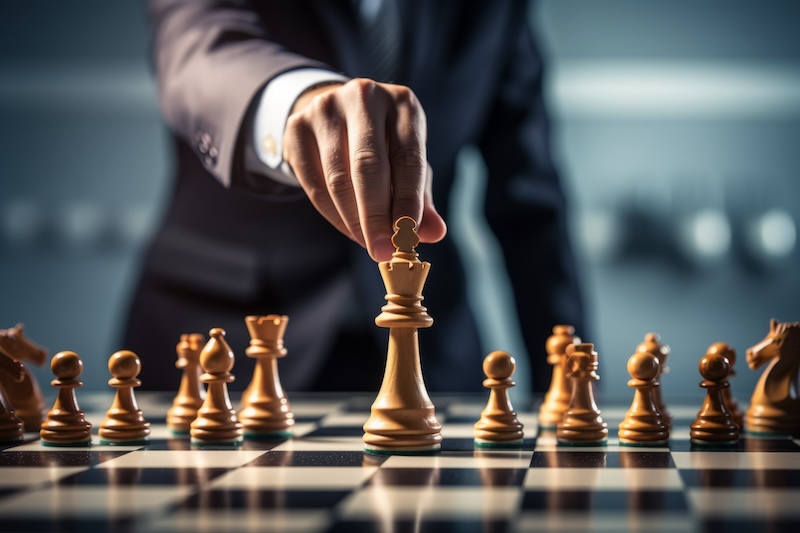 A person in a suit moves a white king chess piece on a chessboard, with other pieces visible, suggesting a strategic game in progress inspired by reputation theory.