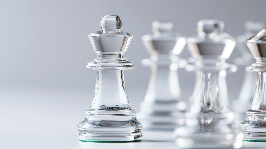 Close-up of a glass chess piece, resembling a king, strategically poised with other blurred pieces in the background. All are made of clear glass and softly lit, exuding an air of sophistication akin to reputation management theory in its elegance.