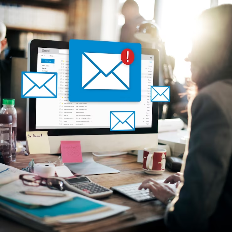 a woman is working on a computer with email icons on it.