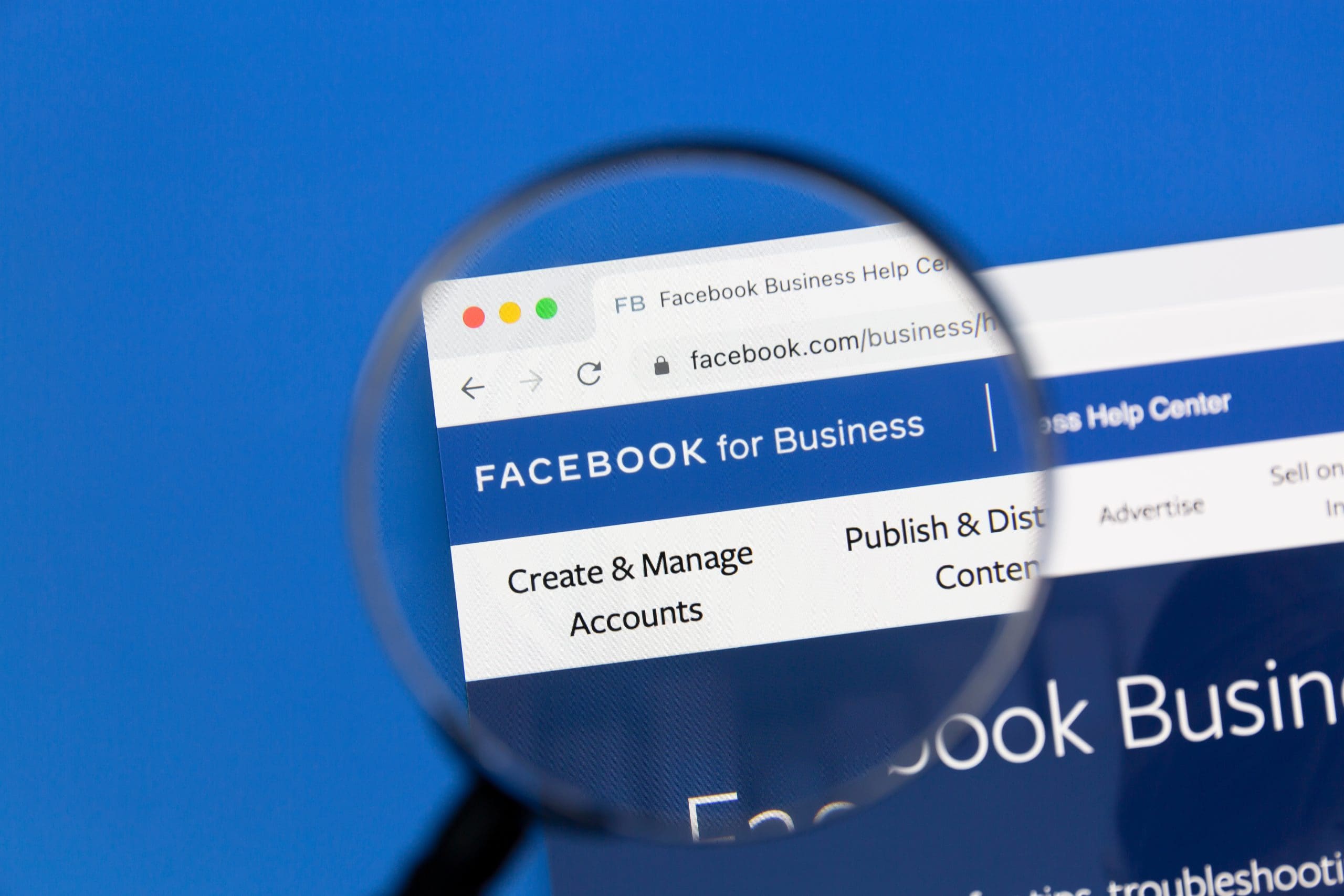 Facebook for business under a magnifying glass.
