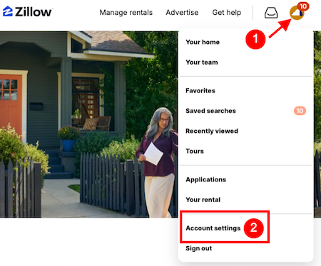 A screenshot of the Zillow website showing the user profile menu open, with red arrows and numbers highlighting where to access "Account settings"—the first step if you're wondering, "how do I delete my Zillow account?.