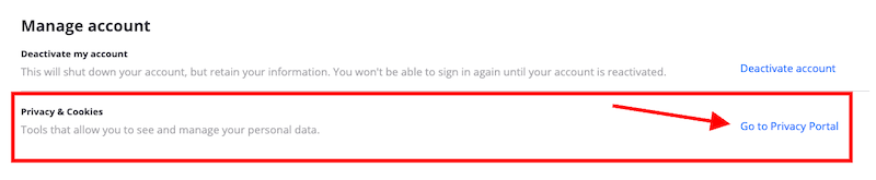 Screenshot of a "Manage account" page showing options to deactivate the account or access the Privacy Portal—useful if you’re wondering how do I delete my Zillow account. A red box and arrow highlight the "Go to Privacy Portal" link.