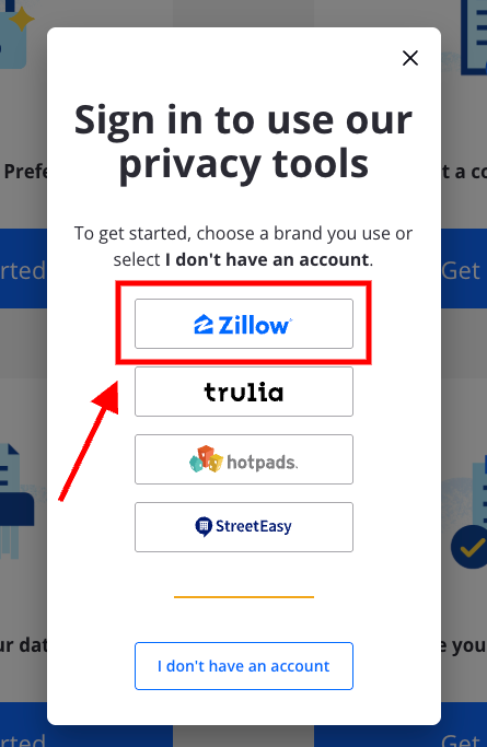 A pop-up window prompts users to sign in using privacy tools, with a red box and arrow highlighting the "Zillow" sign-in option among others. For questions like "how do I delete my Zillow account," select the correct platform to proceed.