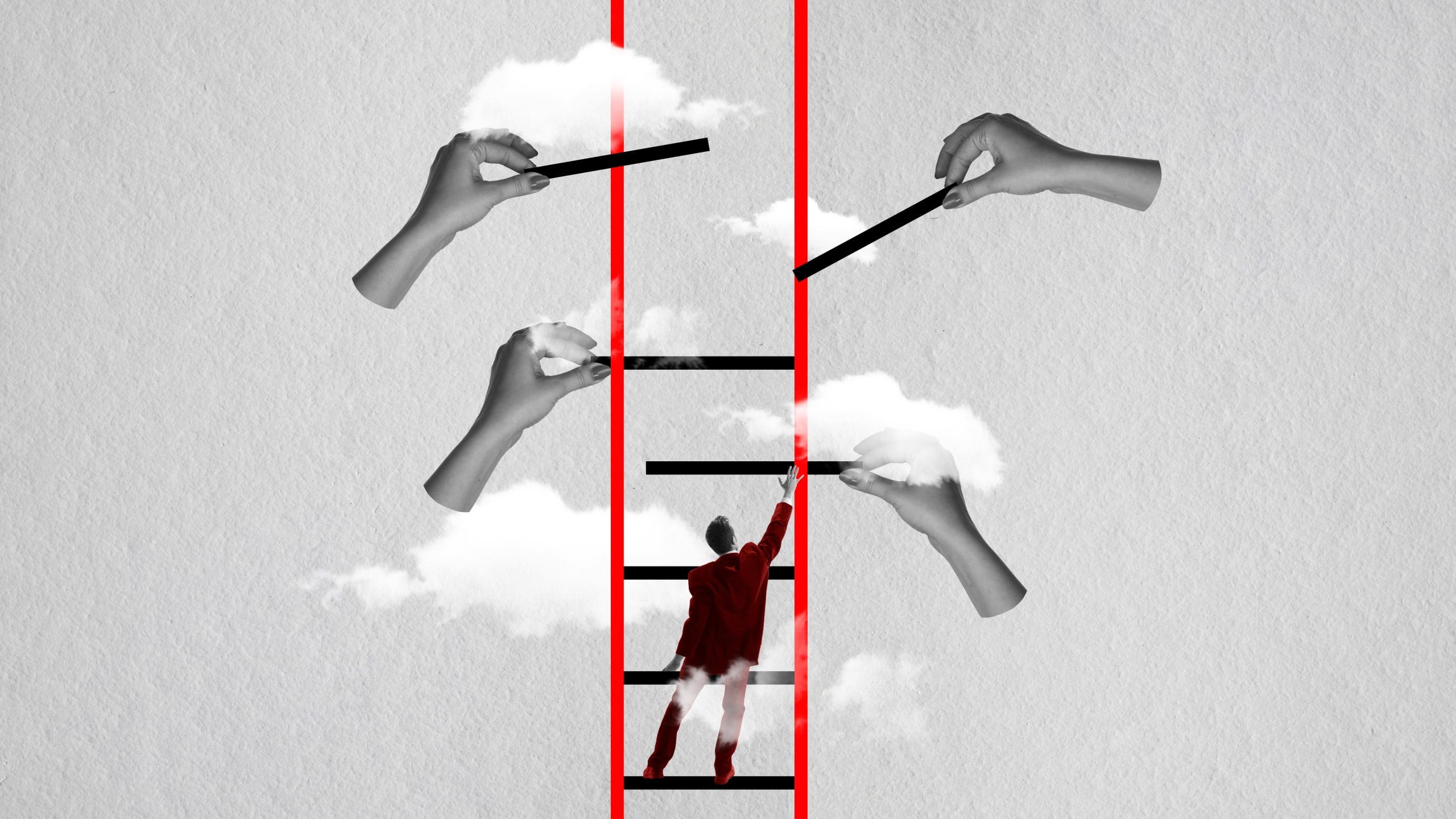 A man is climbing up a ladder to reach the clouds.