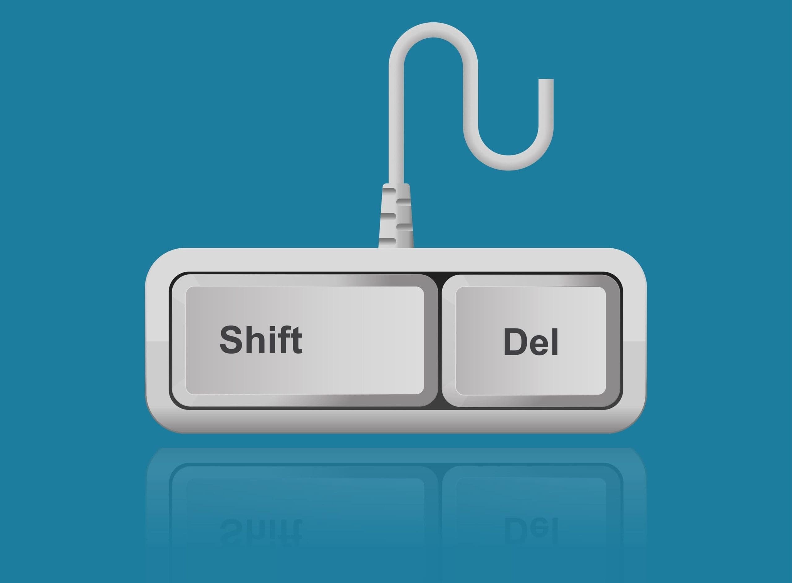 A computer key with the word shift and del on it, for quick deletion of undesirable content.