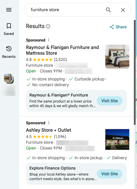 Screenshot of Google Maps search results for "furniture store," showing two sponsored listings: Raymour & Flanigan Furniture and Ashley Store + Outlet. Includes details like hours, ratings, shopping options—and answers why can't I write a review on Google.