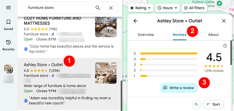 Search for "furniture store" shows “Ashley Store + Outlet” highlighted. The reviews tab features a 4.5-star rating from 1,596 reviews, plus a breakdown and an option to write a review—troubleshoot if you wonder, "why can't I write a review on Google?.
