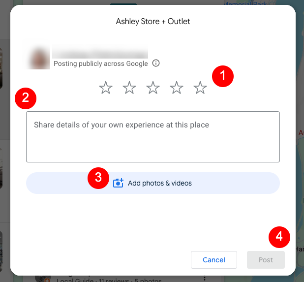 A Google review window for "Ashley Store + Outlet" displays star rating selection, a text box for sharing experiences (answering questions like "why can't I write a review on Google?"), multimedia upload options, and Cancel and Post buttons. Red labels mark each section.