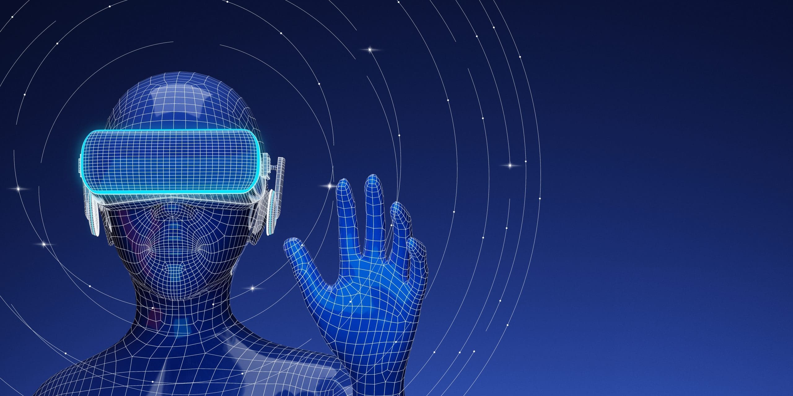 A 3d image of a man wearing a virtual reality headset.
