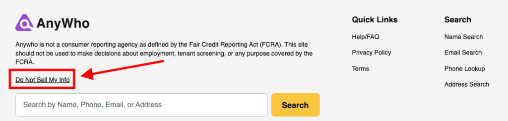 Screenshot of the AnyWho website homepage with a red arrow pointing to a "Do Not Sell My Info" link under the site description. Search fields, quick links, and options like anywho remove listing are visible on the right.