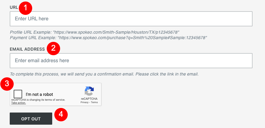 A web form with fields to enter a URL and email address for anywho remove listing requests, a reCAPTCHA checkbox labeled "I'm not a robot," and an "OPT OUT" button at the bottom. Red numbered labels highlight each step.