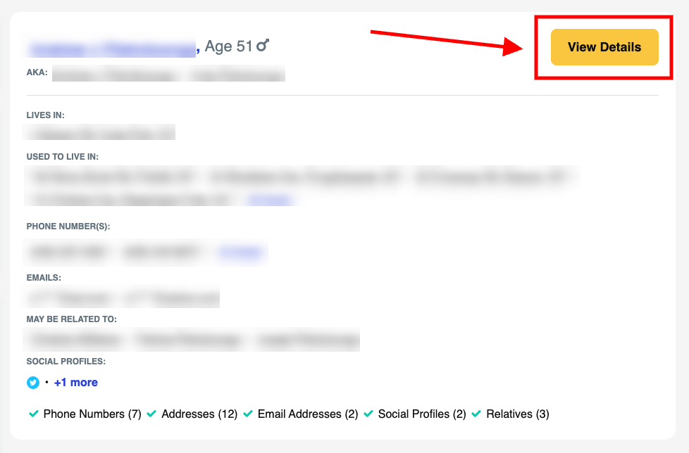 A webpage displaying a person's information with some details blurred. In the top right, a large yellow "View Details" button—outlined in red with a red arrow—suggests how to anywho remove listing. Contact info icons are shown at the bottom.