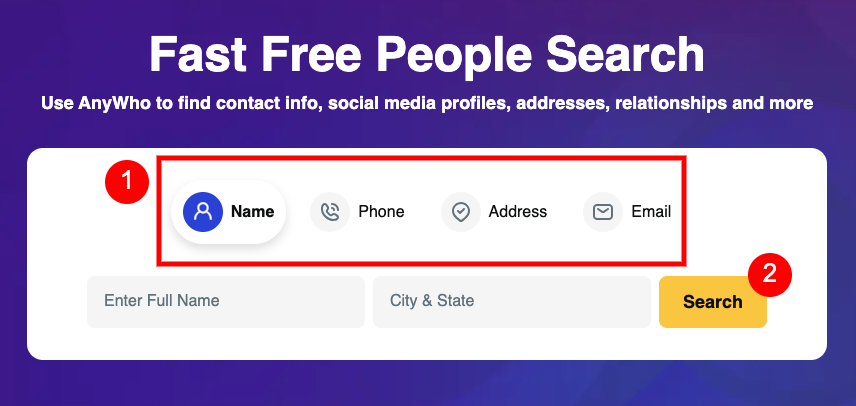 Screenshot of a people search website. Options to search by name, phone, address, or email are shown above input fields for full name and city & state. A yellow "Search" button sits on the right, with an anywho remove listing feature available.