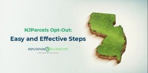 Promotional image for njparcels opt out by reputation sciences, featuring a stylized, grass-covered new jersey shaped cutout on a clean background.