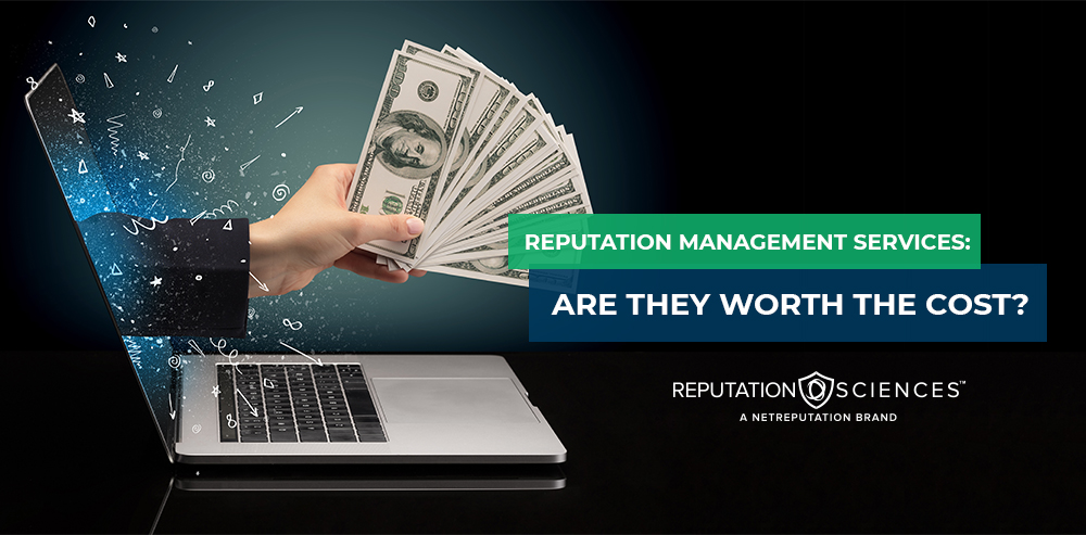 A conceptual image showing a laptop with money flying out of the screen against a dark background, with text asking "reputation management services: are they worth the cost?" for a brand named Reputation Sciences.