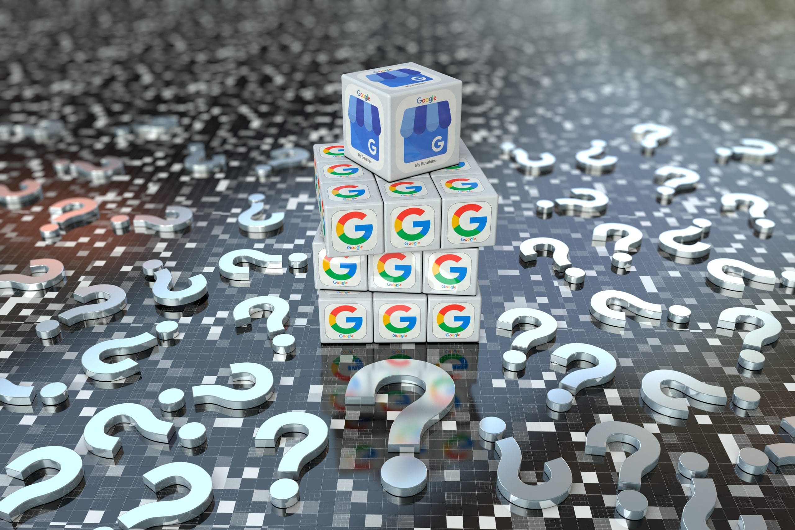 3d illustration of a stack of cubes with the google logo on a reflective surface surrounded by numerous white question marks.