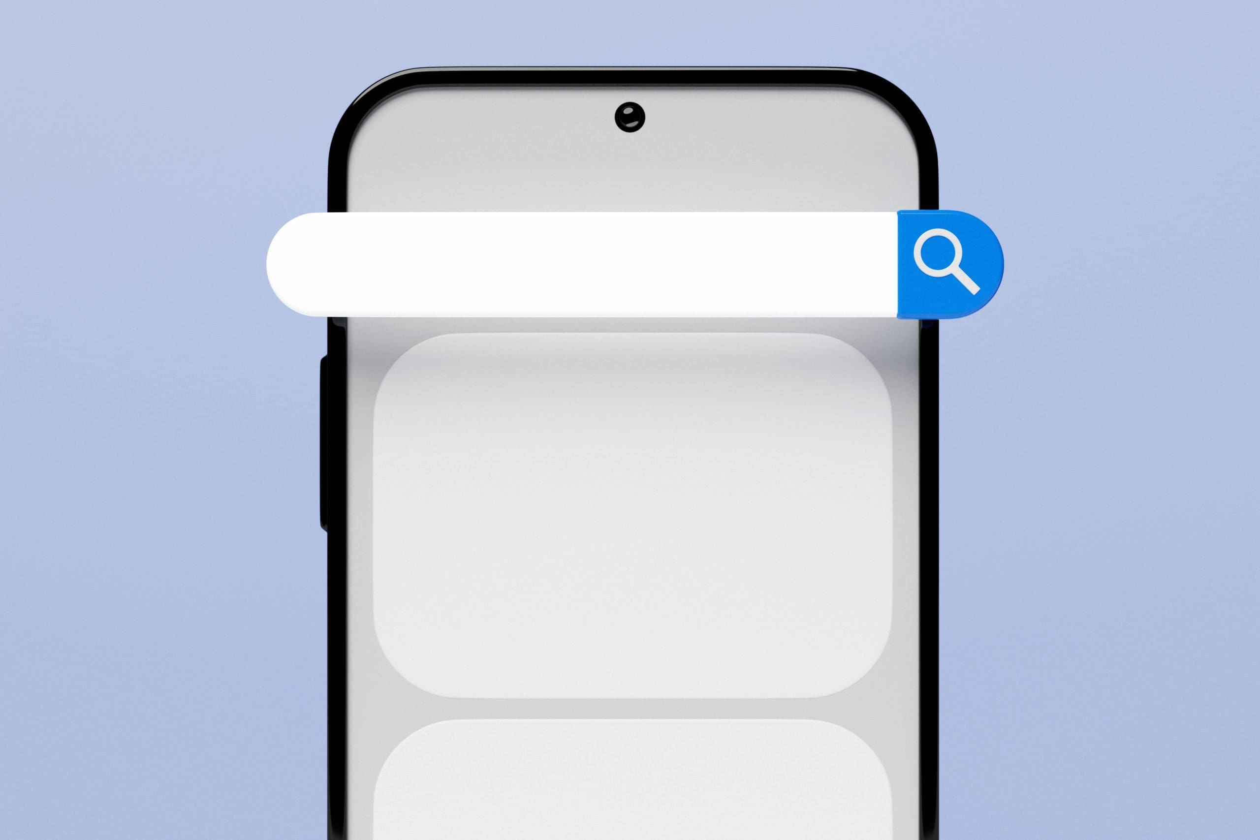 Smartphone display showing a search bar with a magnifying glass icon at the top, set against a blue background.