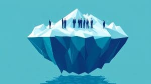 Illustration of an iceberg floating in the water, with a group of businesspeople standing on top. The iceberg is predominantly blue and white, and the figures are silhouetted against a clear blue background.