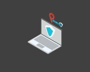 Isometric illustration of a laptop displaying a shield symbol on its screen. A red map pin with an IP address "192.168.3.1" hovers above the laptop. The background is dark gray, suggesting themes of cybersecurity or online privacy.