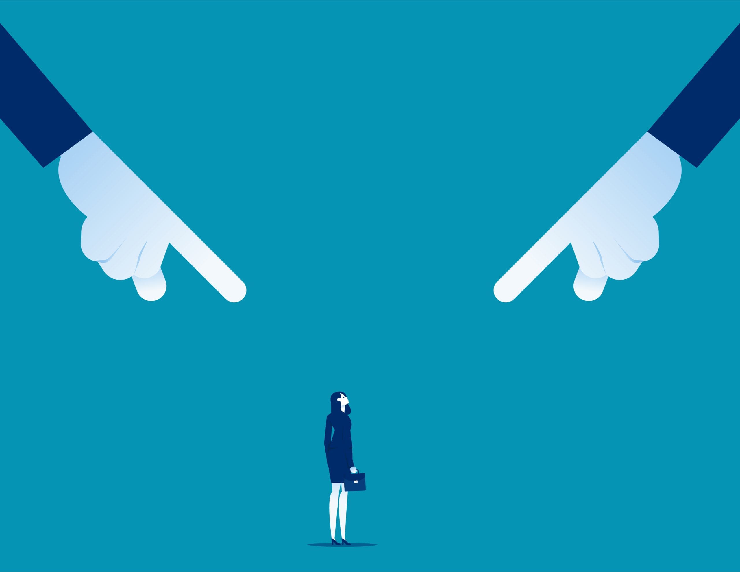 A businesswoman stands alone, looking up, while two large hands with pointed fingers emerge from above, directing blame or scrutiny at her against a blue background.