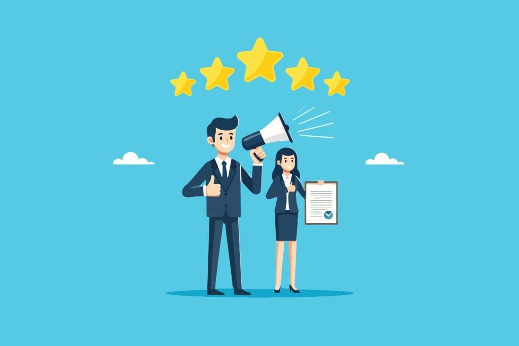 A man in a suit gives a thumbs up and holds a megaphone, while a woman in business attire holds a clipboard. Five stars appear above them, symbolizing excellent service or high rating. The background is light blue.