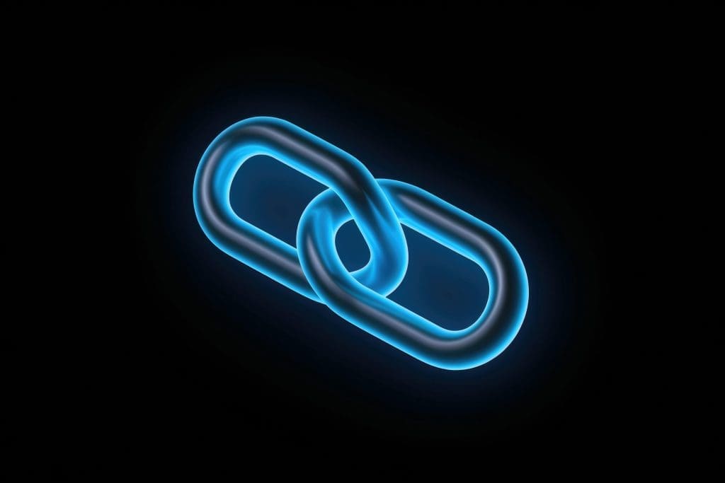 A glowing blue chain link icon is centered on a black background, representing connectivity or a link.