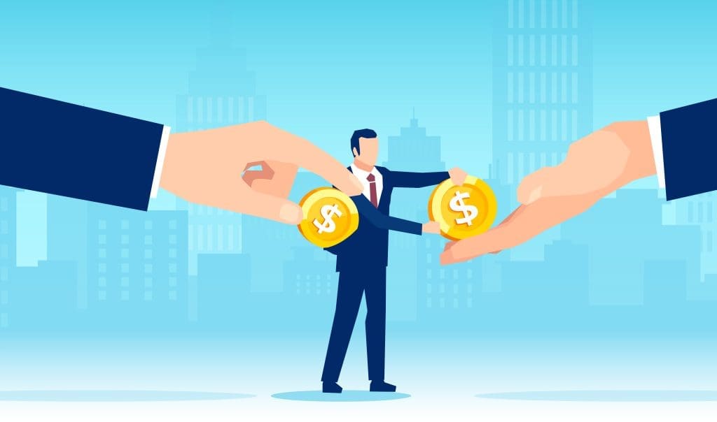Illustration of a businessperson in a suit standing between two large hands, each holding a gold coin with a dollar sign, against a cityscape background. The person is exchanging the coins between the hands.