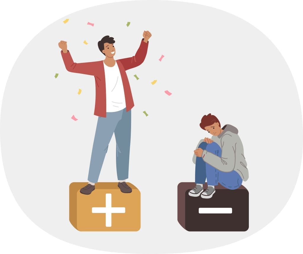 A happy person stands on a yellow plus block with arms raised and confetti around, while a sad person sits curled up on a dark minus block nearby.
