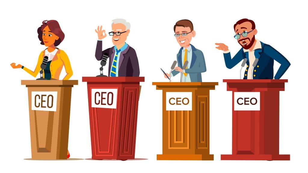 Four cartoon people stand behind podiums labeled "CEO," each speaking or gesturing as if in a debate or discussion. The group includes two men in suits, one man with glasses and a beard, and one woman in a yellow outfit.