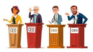 Four cartoon people stand behind podiums labeled "CEO," each speaking or gesturing as if in a debate or discussion. The group includes two men in suits, one man with glasses and a beard, and one woman in a yellow outfit.