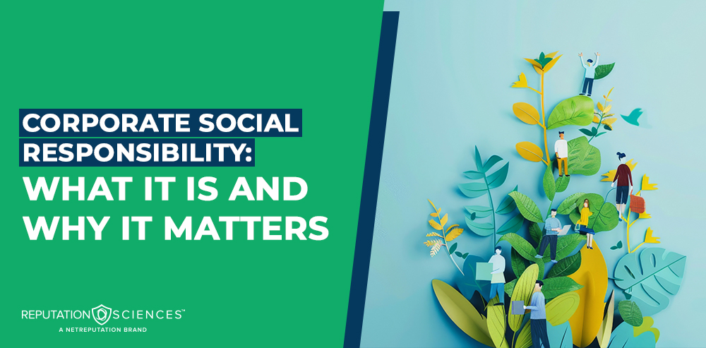 A graphic with the text "Corporate Social Responsibility: What It Is and Why It Matters" beside an illustration of people engaging with vibrant plants, symbolizing the impact and importance of Corporate Social Responsibility.