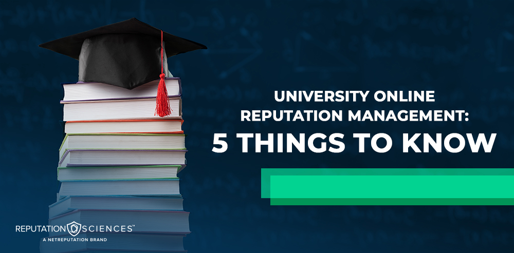 A graduation cap rests atop a tall stack of books with the text: "University Online Reputation: 5 Things to Know." The ReputationSciences logo is displayed at the bottom left.