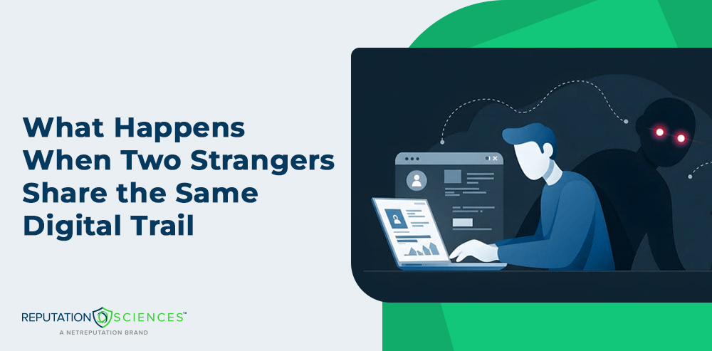 Illustration of a person using a laptop with a worried expression, while a shadowy figure with glowing red eyes lurks behind them. Text reads: "What Happens When Two Strangers Share the Same Digital Trail.