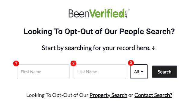 Screenshot of BeenVerified’s opt-out page showing fields to enter first name, last name, a dropdown for state selection, and a black search button to begin the been verified opt out process for people search results.