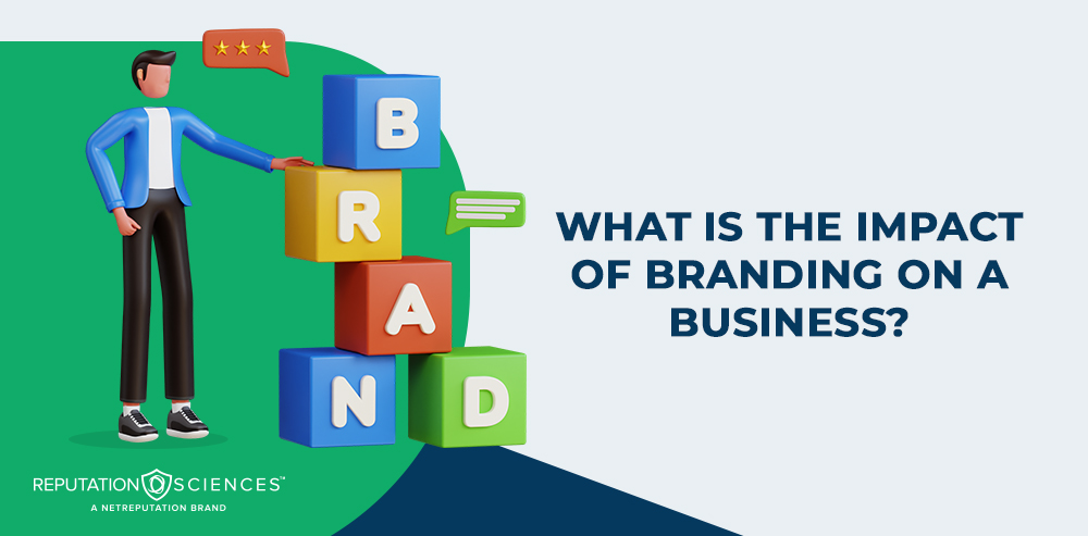 A 3D character stands beside blocks spelling "BRAND," with speech bubbles and stars above, asking: what is the impact of branding on a business? Reputation Sciences logo appears at the bottom left.