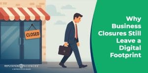 Illustration of a businessman walking away from a shop with a "Closed" sign on the door, highlighting how every business closure leaves behind a lasting digital footprint.