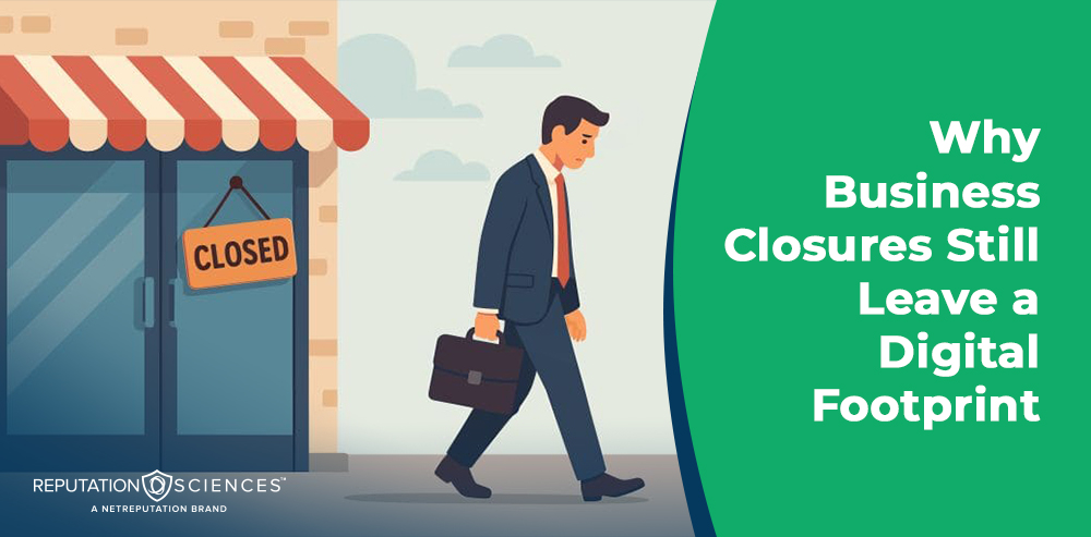 Illustration of a businessman walking away from a shop with a "Closed" sign on the door, highlighting how every business closure leaves behind a lasting digital footprint.
