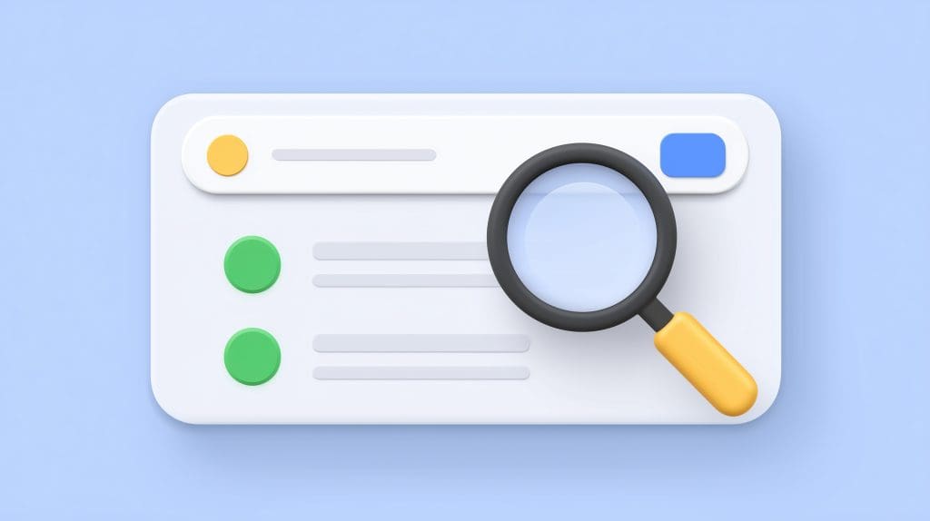 A 3D illustration of a search engine results page with a magnifying glass hovering over it, symbolizing search or investigation. The page features colored buttons and text lines on a light blue background.