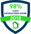 A badge with text reading "98% Client Satisfaction Score 2018," featuring a blue and green border and a circular logo at the bottom.