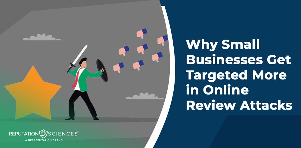 Illustration of a businessperson holding a sword and shield, defending against a barrage of thumbs-down icons, with text: "Why Small Businesses Get Targeted More in Online Review Attacks.