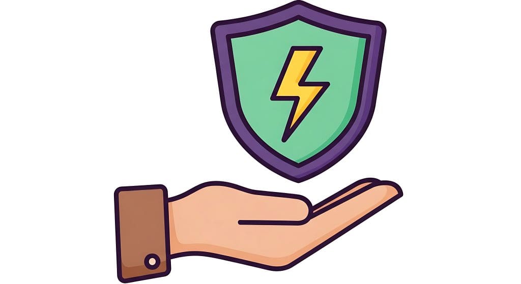 Illustration of an open hand facing up, supporting a green shield with a yellow lightning bolt symbol in the center, representing protection, safety, or energy.