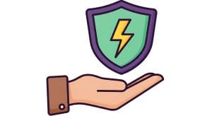 Illustration of an open hand facing up, supporting a green shield with a yellow lightning bolt symbol in the center, representing protection, safety, or energy.