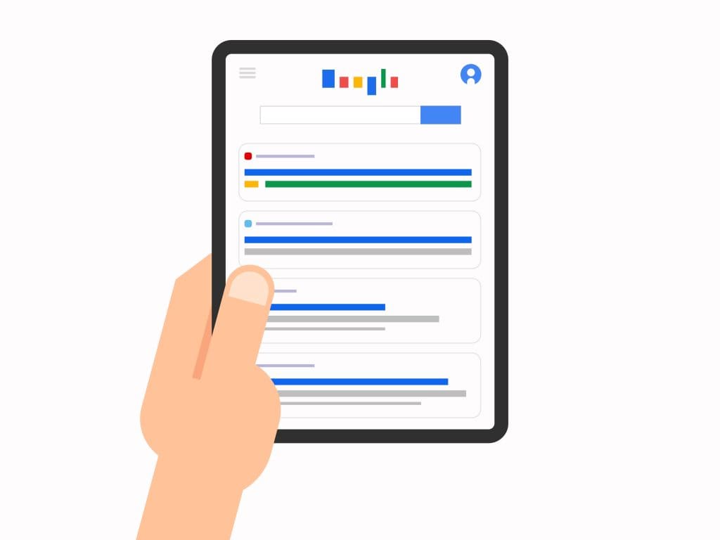 Illustration of a hand holding a tablet displaying a search engine results page, with colored lines representing search results on the screen.