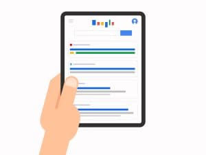 Illustration of a hand holding a tablet displaying a search engine results page, with colored lines representing search results on the screen.