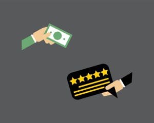 Illustration of one hand holding cash and another hand holding a five-star rating card, suggesting the concept of paying for positive reviews or ratings. The background is solid gray.