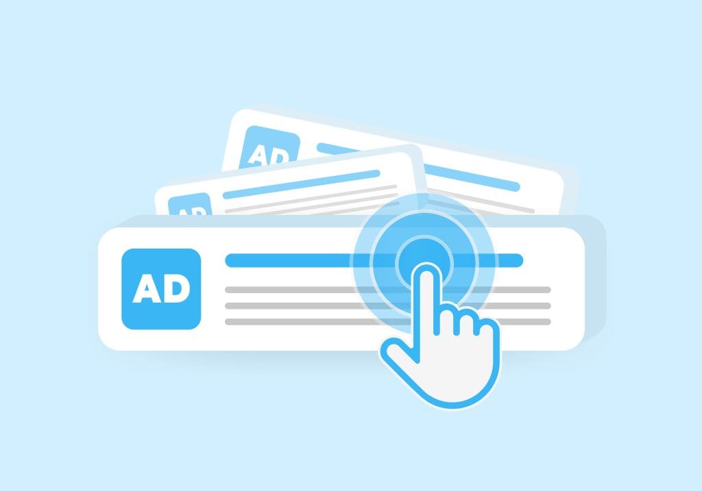 Illustration of a hand icon clicking on an online advertisement banner, with two more ad banners in the background, symbolizing digital advertising and pay-per-click marketing.