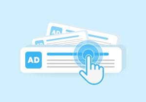 Illustration of a hand icon clicking on an online advertisement banner, with two more ad banners in the background, symbolizing digital advertising and pay-per-click marketing.
