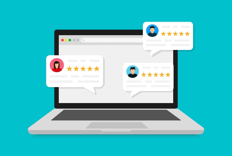 Illustration of a laptop displaying three speech bubbles with user profile icons and five-star ratings, representing online reviews or feedback—and hinting at how Google detects fake reviews—against a turquoise background.